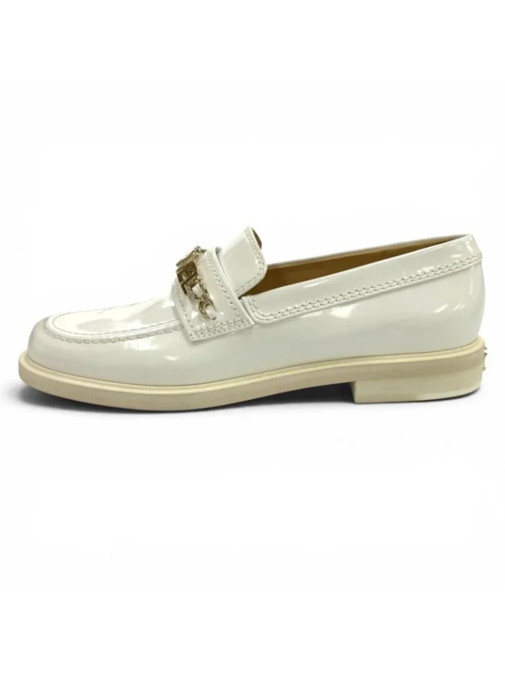 Chanel Logo CC Patent Leather Loafers White Gold